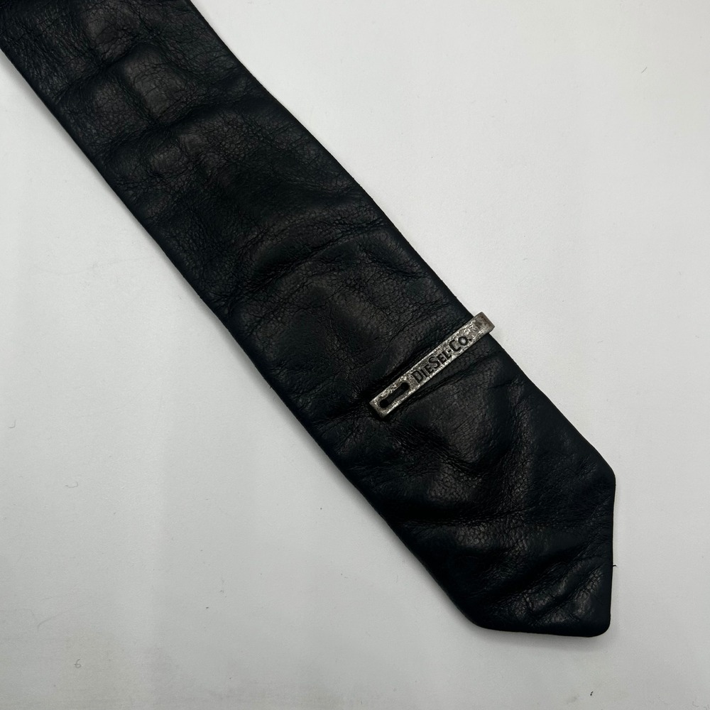 Diesel Mens Black Leather Skinny Tie Metal Logo Bar Detail Edgy Designer